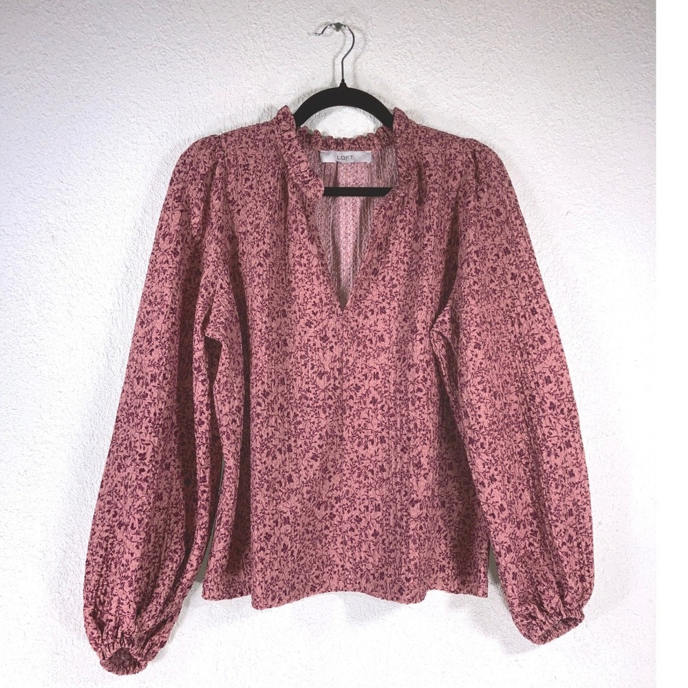 LOFT Womens Floral Ruffle Neck Balloon‎ Sleeve Blouse Pink Burgundy XL(?)
